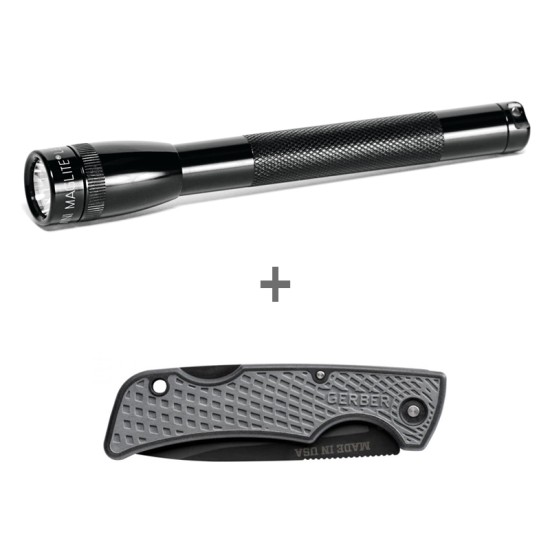 SP32TRK Φακός MINI MAGLITE 2x AAA LED μαύρος & μαχαίρι Gerber KIT