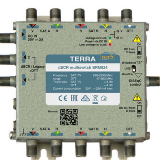 TERRA SRM524T Digital dSCR multiswitch 290-2350 MHz, Terr.5-862MHz, 2(1 pair) outputs, powering from H/V lines, passive DTT path